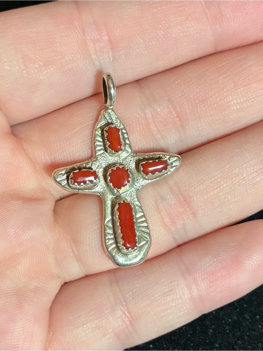 Vintage Cecilia (C.) Lule Zuni Sterling Silver Red Coral Cross Pendant